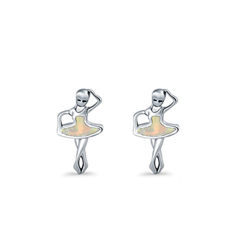 Ballet Dancer Stud Earrings Lab Created White Opal 925 Sterling Silver (11mm)